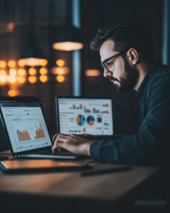 Profissional de marketing digital a comparar tráfego pago e tráfego orgânico em dois portáteis, num ambiente de trabalho moderno
