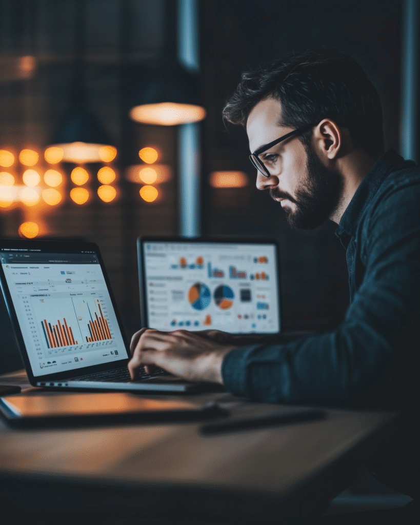 Profissional de marketing digital a comparar tráfego pago e tráfego orgânico em dois portáteis, num ambiente de trabalho moderno