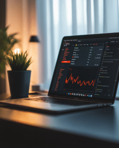 Laptop com website aberto e sinais de alerta, representando um site com baixo desempenho e resultados fracos