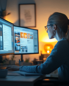 Web designer a analisar dois websites lado a lado, comparando bom e mau design, com foco em estrutura de site, navegação clara, hierarquia de conteúdo, elementos essenciais como call to action e formulário de contacto, e eliminação de distrações visuais