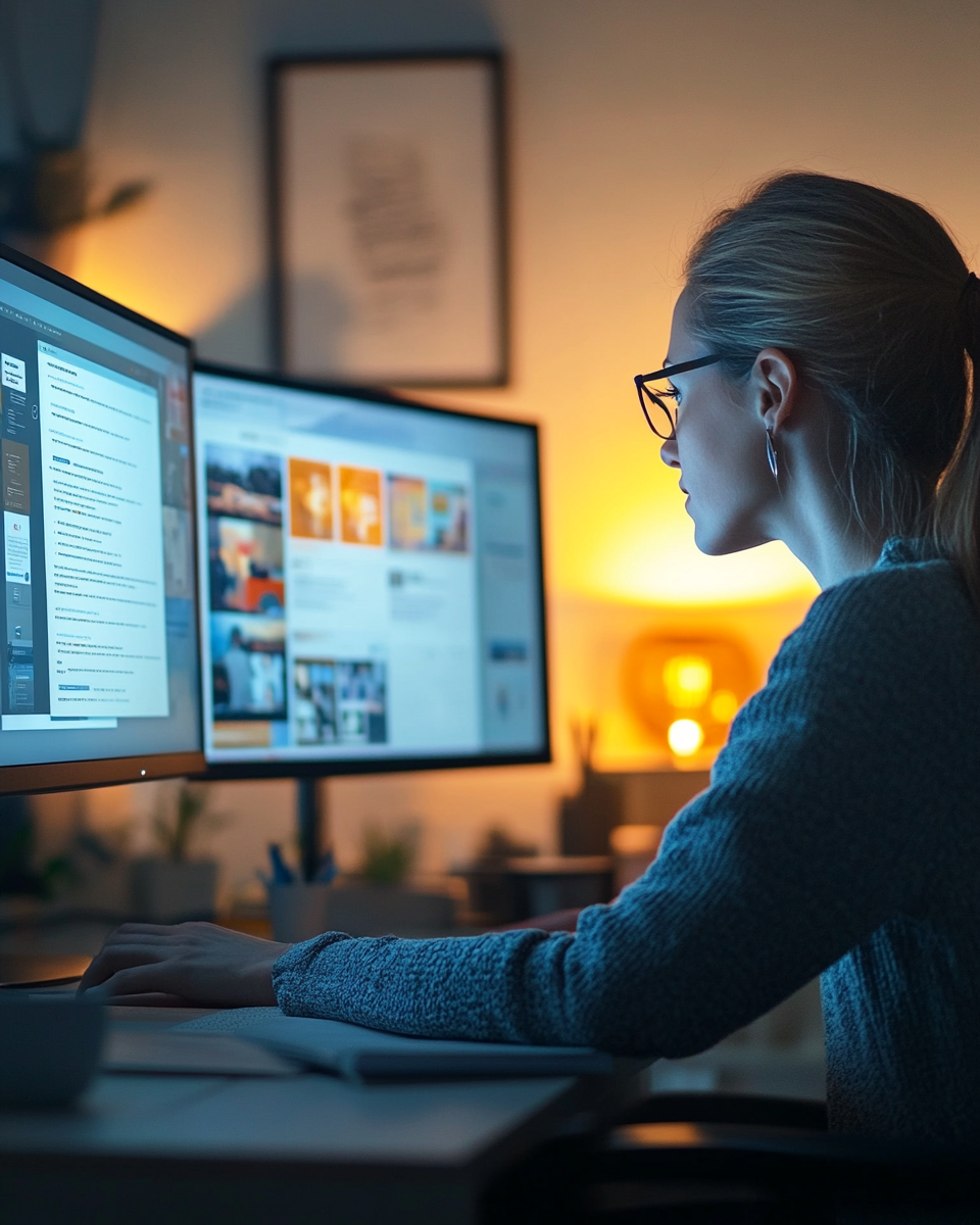 Web designer a analisar dois websites lado a lado, comparando bom e mau design, com foco em estrutura de site, navegação clara, hierarquia de conteúdo, elementos essenciais como call to action e formulário de contacto, e eliminação de distrações visuais