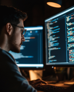 Profissional de marketing digital a analisar código e relatórios técnicos de SEO num ambiente de trabalho moderno e focado