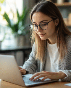 Profissional de marketing digital a analisar campanhas de Google Ads num portátil, com dashboards de CPC, impressões e conversões visíveis, num ambiente moderno de trabalho, focada em otimização de anúncios e melhoria de performance
